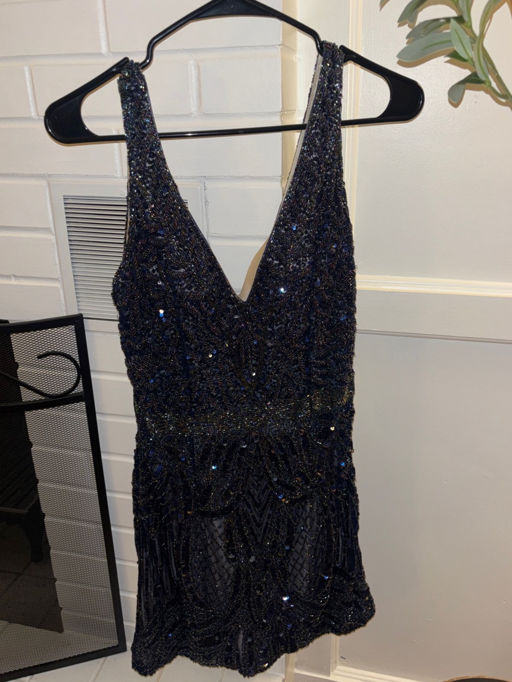 Beaded Deep V Mini Dress in Navy